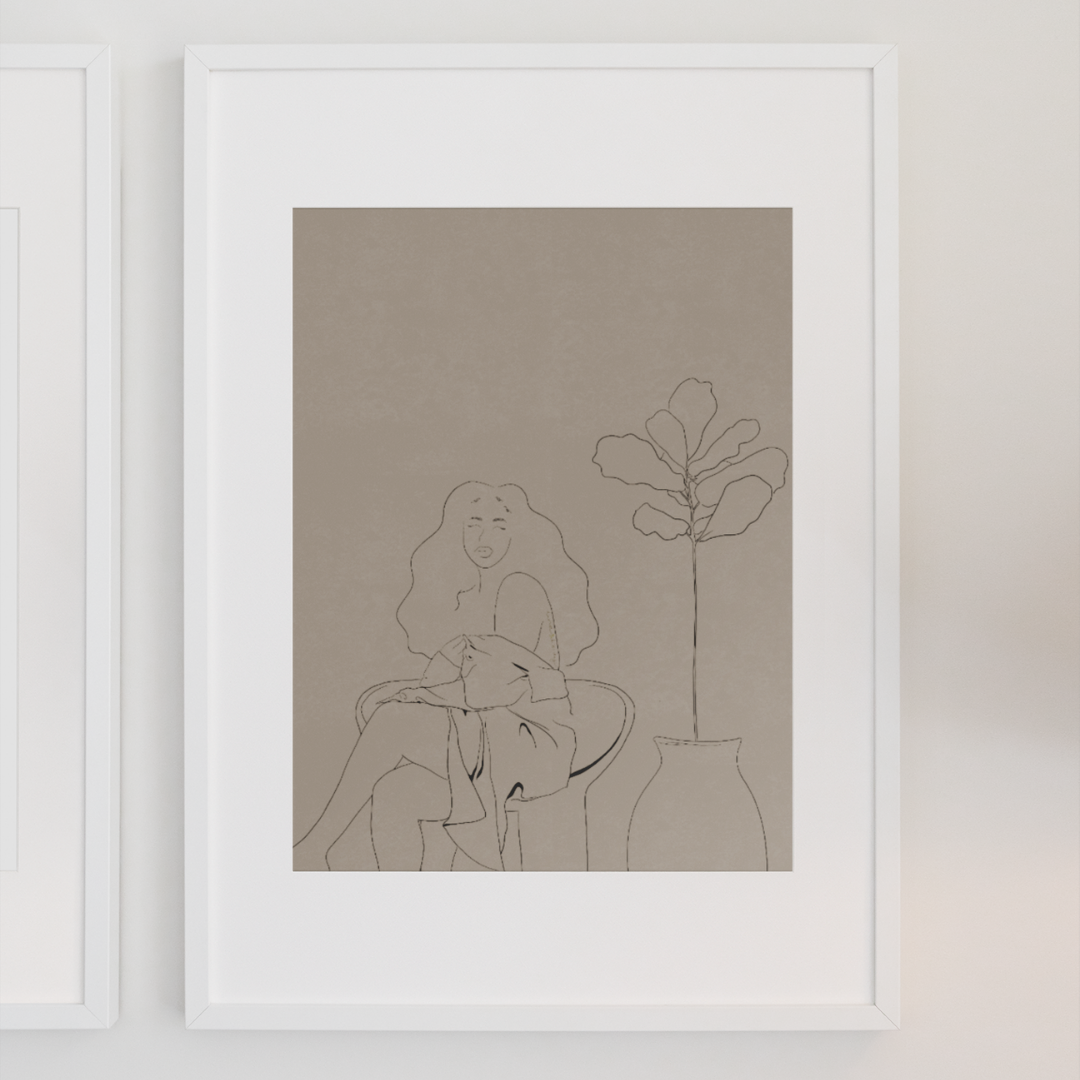 black woman sitting on roly poly chair line art print